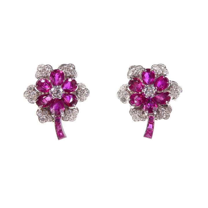 Pair of ruby and diamond flowerhead cluster earrings
